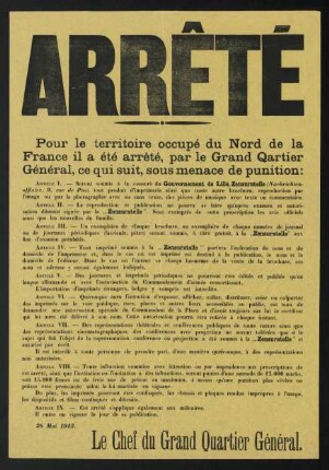 Arrêté. Le Chef du Grand Quartier Général. 28. Mai 1915.