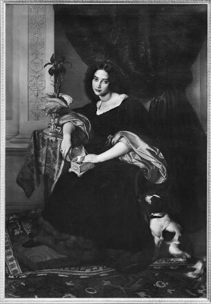 Bildnis Pauline Hübner, geb. Bendemann, im Alter von 19 Jahren. Gemälde von Julius Hübner (Rudolf Julius Benno), 1829. Öl auf Leinwand, 189,5 × 130 cm. Ausstellung "Kunst in Sachsen vor hundert Jahren", Dresden 1928, Kat. Nr. 191. Berlin, Nationalgalerie A II 391