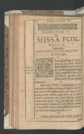 Disputatio VI. De Missa Pontificia. Respondente Martino Cocoericense