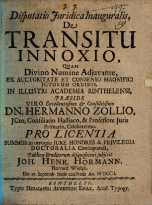 Disp. iur. inaug. de transitu innoxio