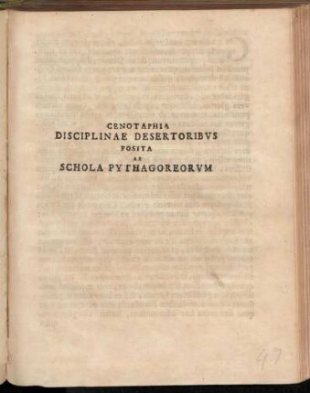 Cenotaphia Disciplinae Desertoribvs Posita Ab Schola Pythagoreorvm