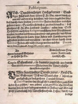 Postscriptum ... von Praelaten, Ritter und Landschafft An Herrn Landgraff Wilhelms zu Hessen ... [Cassel, 19. August 1637]