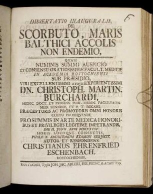 Dissertatio Inauguralis, De Scorbuto, Maris Balthici Accolis Non Endemio