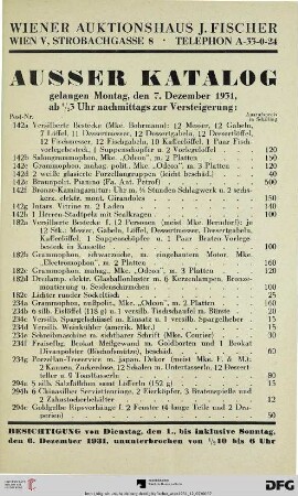 Ausser Katalog gelangen Montag, den 27. Dezember 1931, ab ½ 3 Uhr nachmittags zur Versteigerung (Nr. 142a-294c)