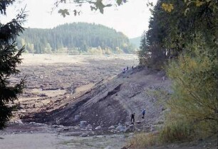Schluchsee: Der leere Schluchsee; leeres Seebecken, Bucht am Ort