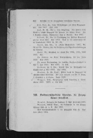 VIII. Volkswirthschaftliche Literatur, die Herzogthümer betreffend.