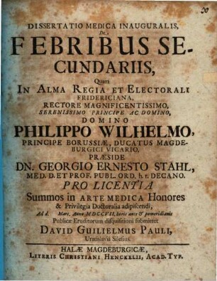 Diss. med. inaug. de febribus secundariis