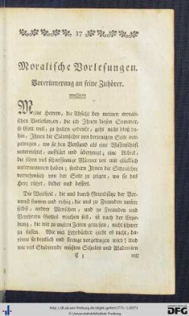 Moralische Vorlesungen. Vorerinnerung an seine Zuhörer.