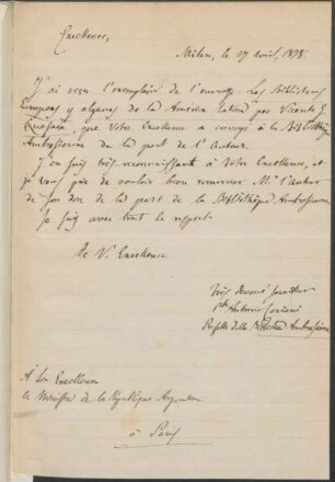 [Carta de agradecimiento de Antonio Leviani a Vicente Quesada en francés, Milán, 27 de abril de 1878] : Biblioteca Ambrosiana de Milán