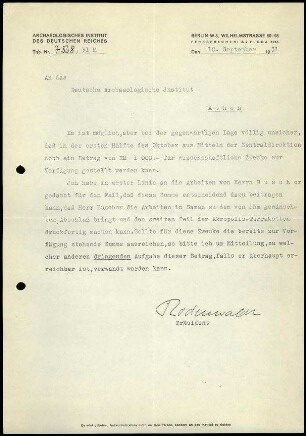 G. Rodenwaldt an DAI Athen