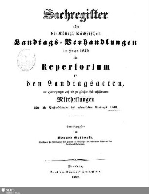 1849: Sachregister über die Verhandlungen des ... Ordentlichen Sächsischen Landtages