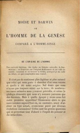 Moïse et Darwin : L'homme de la genèse comparé à l'homme-singe ou l'enseignement religieux opposé à l'enseignement athée