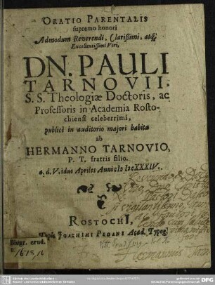 Oratio parentalis supremo honori Pauli Tarnovii
