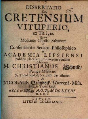 Dissertatio de cretensium vituperio, ex Tit. I, 12