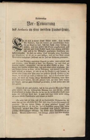 Nothwendige Vor-Erinnerung des Authoris an seine werthen Landes-Leute