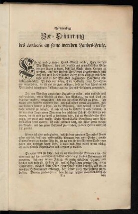 Nothwendige Vor-Erinnerung des Authoris an seine werthen Landes-Leute