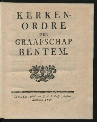 Kerken-Ordre Der Graafschap Bentem