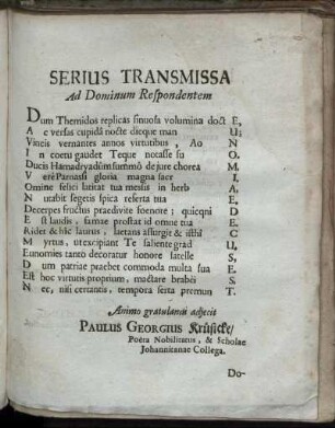 Serius Transmissa Ad Dominum Respondentem.