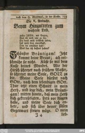 Die V. Andacht. Beym Hinzutregen zum wahren Leib.
