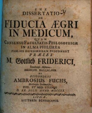 Diss. de fiducia aegri in medicum