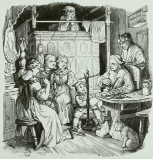 Der Karfunkel : Frau am Spinnrad, A. L. Richter, Stich 1851