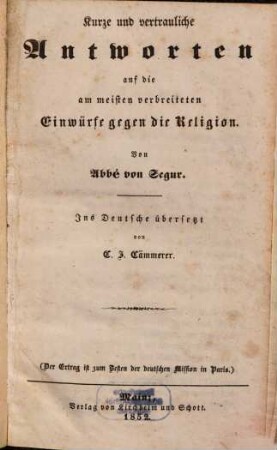 Kurze und vertrauliche Antworten auf die am meisten verbreiteten Einwürfe gegen die Religion