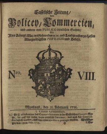 Nro. VIII, Montags, den 21. Februarii 1735