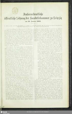 Außerordentliche öffentliche Sitzung der Handelskammer zu Leipzig am 29. Januar 1903