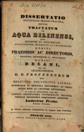 Dissertatio inauguralis medico-practica, sistens tractatum de aqua Bilinensi