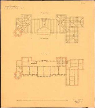 Schloss Klein-Skal bei Turnau Umbau: Grundriss 1. Obergeschoss, Aufsicht der Dachsparrenlage, Maßstabsleiste