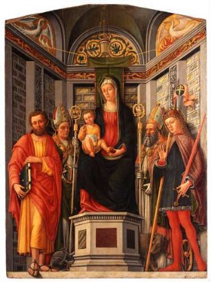Thronende Maria mit dem segnenden Kind und den Heiligen Paulus (?), Martin, Lucanus und Joathá