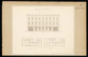 Bürgerliches Wohnhaus Monatskonkurrenz Februar 1837: Grundriss Erdgeschoss, Obergeschoss, Aufriss Straßenansicht; Maßstabsleiste