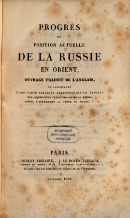 Progrès et position actuelle de la Russie en Orient