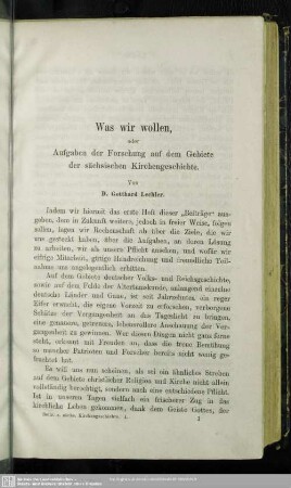 Was wir wollen, oder Aufgaben der Forschung auf dem Gebiete der sächsischen Kirchengeschichte