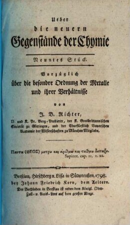 Ueber die neuern Gegenstände der Chymie, 9. Vorzüglich über die besondre Ordnung der Metalle und ihrer Verhältnisse