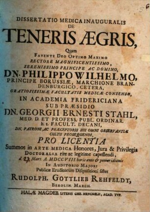 Dissertatio Medica Inauguralis De Teneris Aegris