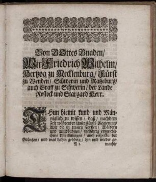 Von Gottes Gnaden/ Wir Friedrich Wilhelm/ Hertzog zu Mecklenburg/ ...