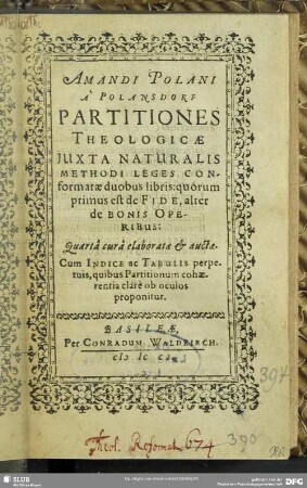 Amandi Polani A Polansdorf Partitiones Theologicae : Iuxta Naturalis Methodi Leges Conformatae duobus libris: quorum primus est de Fide, alter de Bonis Operibus ... Cum Indice ac Tabulis perpetuis ...