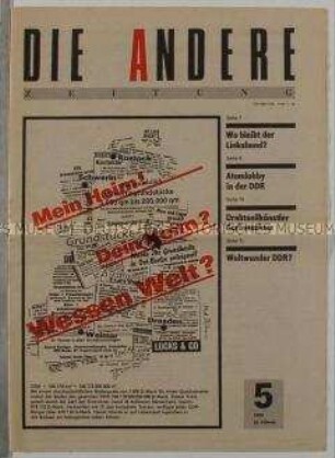 Alternative Monatszeitung aus der Wendezeit "Die Andere Zeitung" u.a. zur Rückforderungen von Grundstücken in der DDR durch ehemalige Eigentümer und über Atomkraftwerke in der DDR