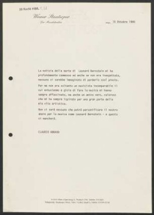 Kurzer Text von Claudio Abbado zum Tod von Leonard Bernstein