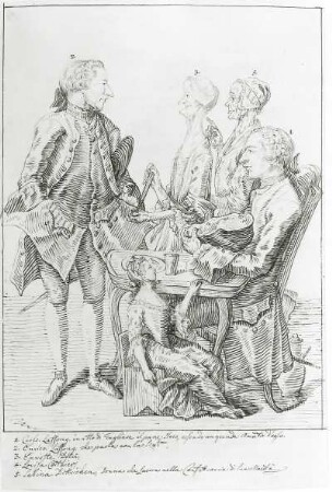 Zwei Männer und drei Frauen (Carlo und Enrico Laffong, Enriette Doteè, Louise Carthier, Sabina Dittrichen) : Ghezzi, Pier Leone: Zwei Männer und drei Frauen (Carlo und Enrico Laffong, Enriette Doteè, Louise Carthier, Sabina Dittrichen). Feder; 39,1 x 26,8 cm. Dresden: Kupferstich-Kabinett Ca 51, S. 31