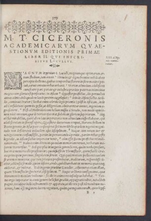 M. T. Ciceronis Academicarum Quaestionum Editionis Primae Liber II. Qui Inscributur Lucullus.