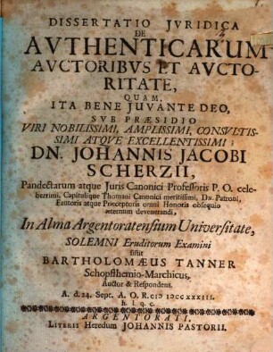 Diss ... de Authenticarum auctoribus et auctoritate