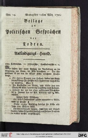 Beilage zu Politischen Gesprächen der Todten. Ankündigungs-Herold. Nro. 24