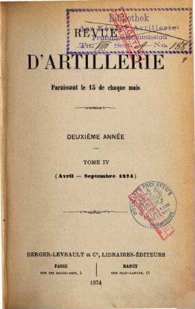 Revue d'artillerie. 4. 1874 = Année 2