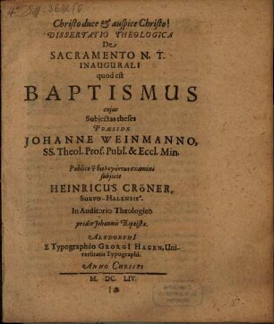 De sacramento Novi Testamenti inaugurali, quod est baptismus