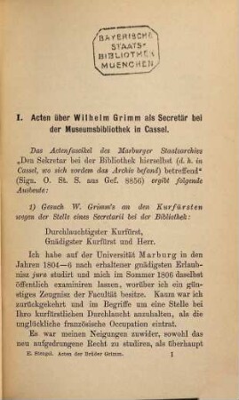 Private und amtliche Beziehungen der Brüder Grimm zu Hessen, 2. Aktenstücke über die Tätigkeit der Brüder Grimm im hessischen Staatsdienste