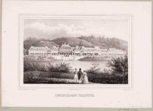 Schloss Pillnitz bei Dresden von Nordwesten über die Elbe mit Gondeln gesehen, aus Sachsen Sonst und Jetzt 1848