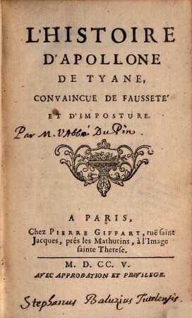 L' Histoire d'Apollone de Tyane convaincue de fausseté