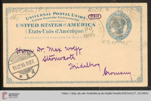 Brief von Edward Singleton Holden an Max Wolf: Karte von Edward Singleton Holden von Lick Observatory an Max Wolf